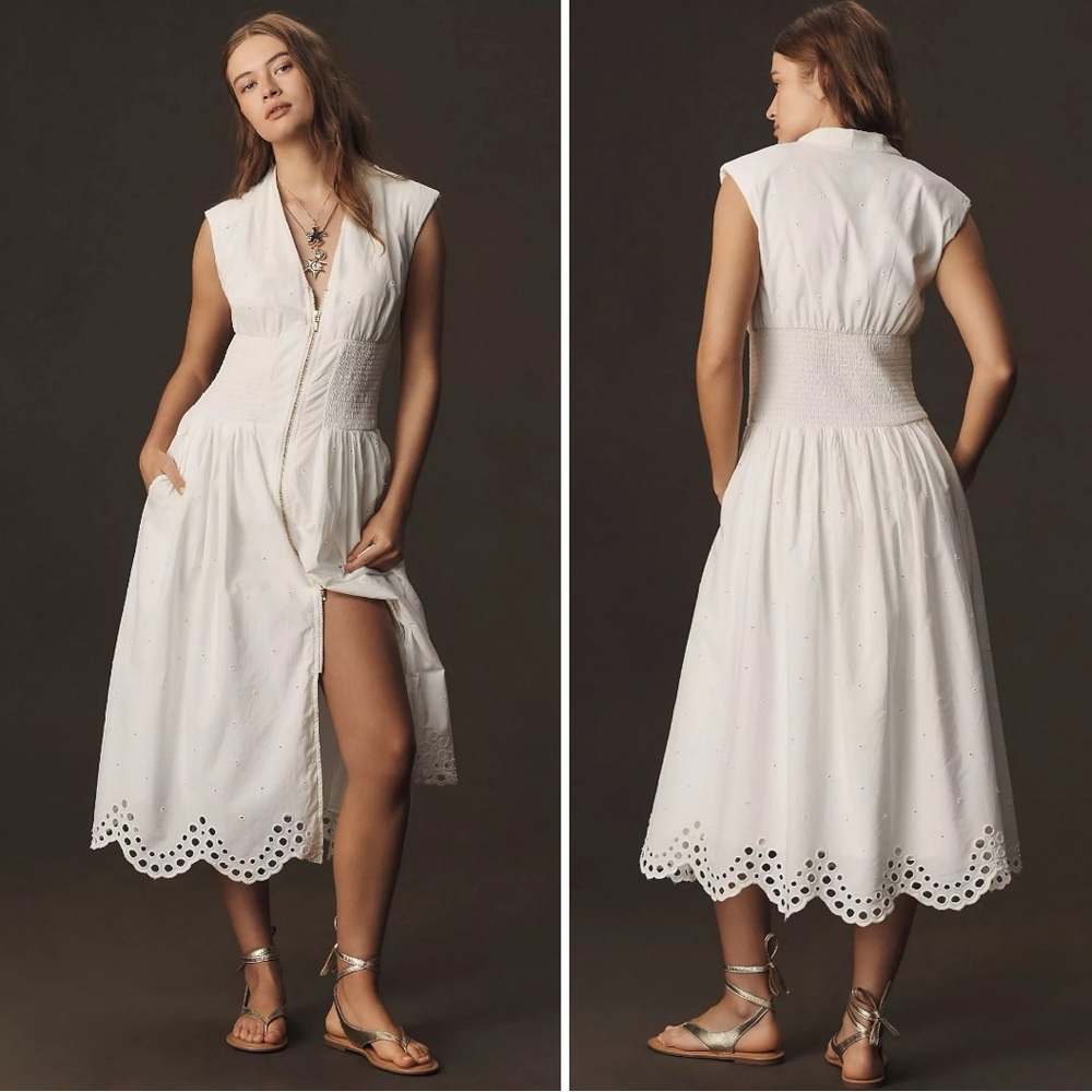 Anthropologie Maeve The Tommie Smocked Shirt Dress Eyelet Trim Zip Front Large - Picture 3 of 11